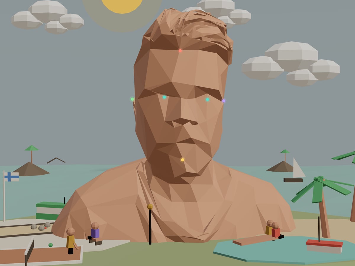 A low-poly 3D scan of Mikko Antikainen's head, resting on a small island.